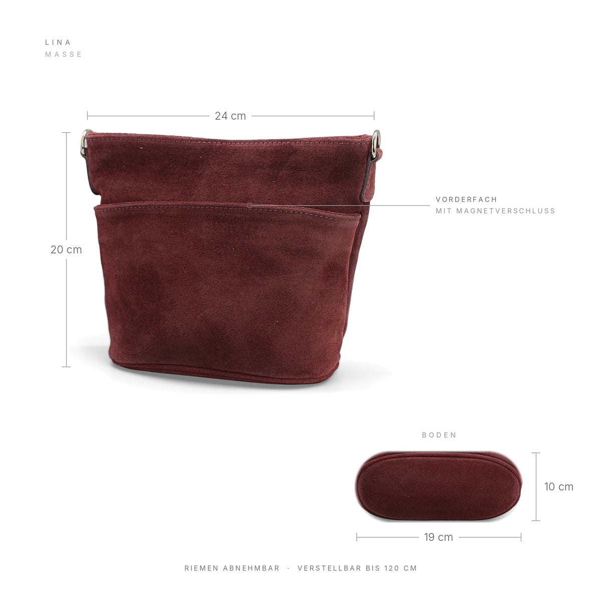 Adel Bags Lina Umhängetasche Wildleder Bordeaux – Maße 24 × 20 × 10 cm