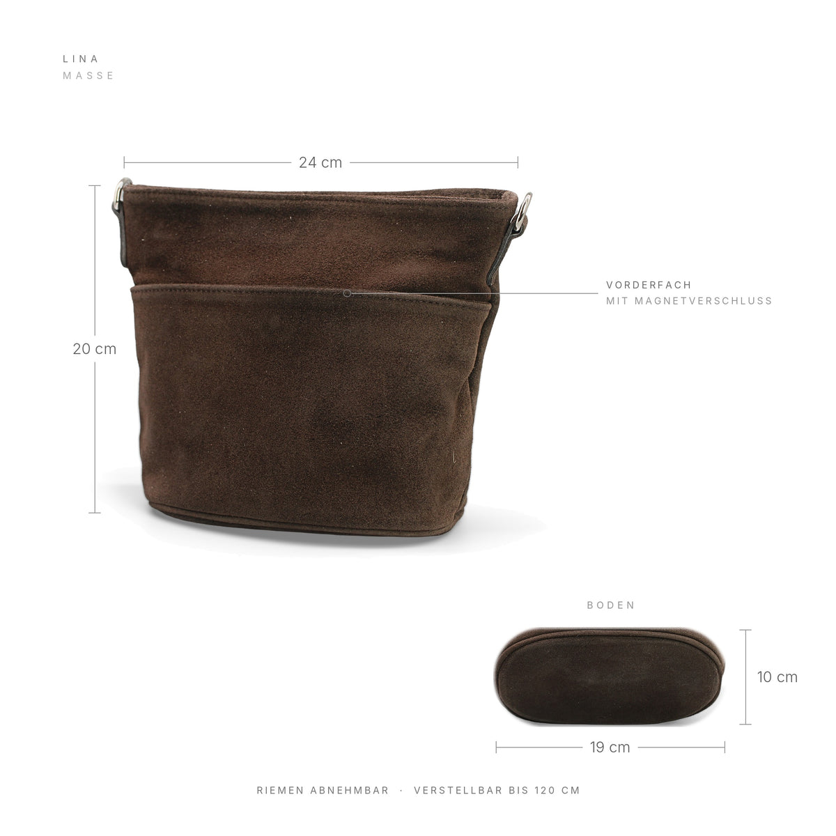 Adel Bags Lina Umhängetasche Wildleder Dunkelbraun – Maße 24 × 20 × 10 cm