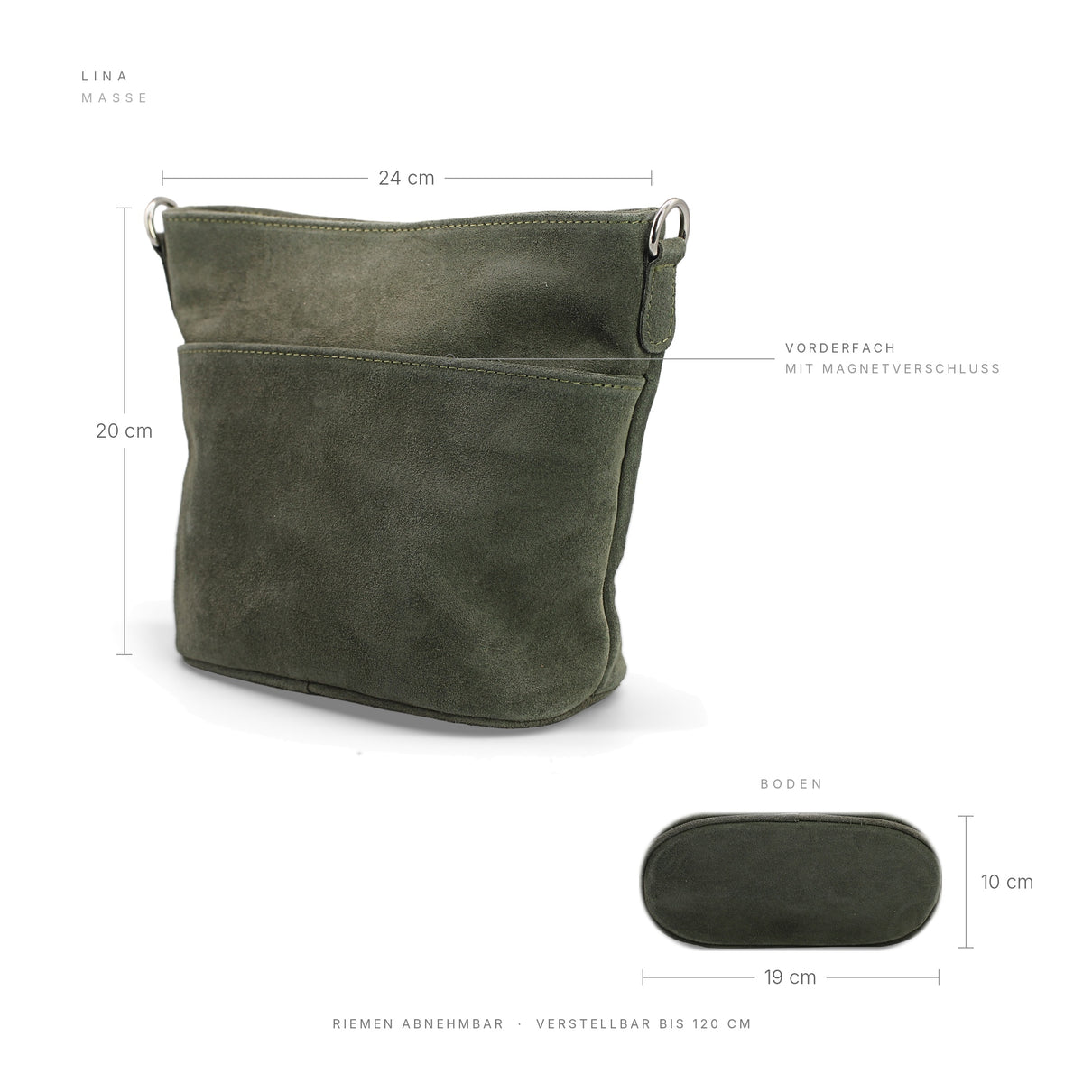 Adel Bags Lina Umhängetasche Wildleder Oliv – Maße 24 × 20 × 10 cm
