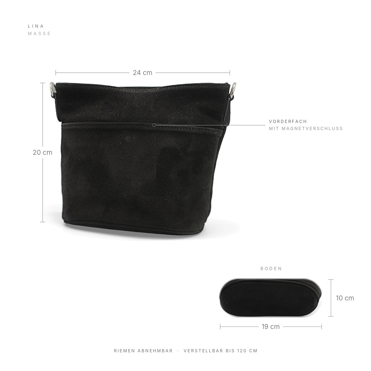 Adel Bags Lina Umhängetasche Wildleder Schwarz – Maße 24 × 20 × 10 cm