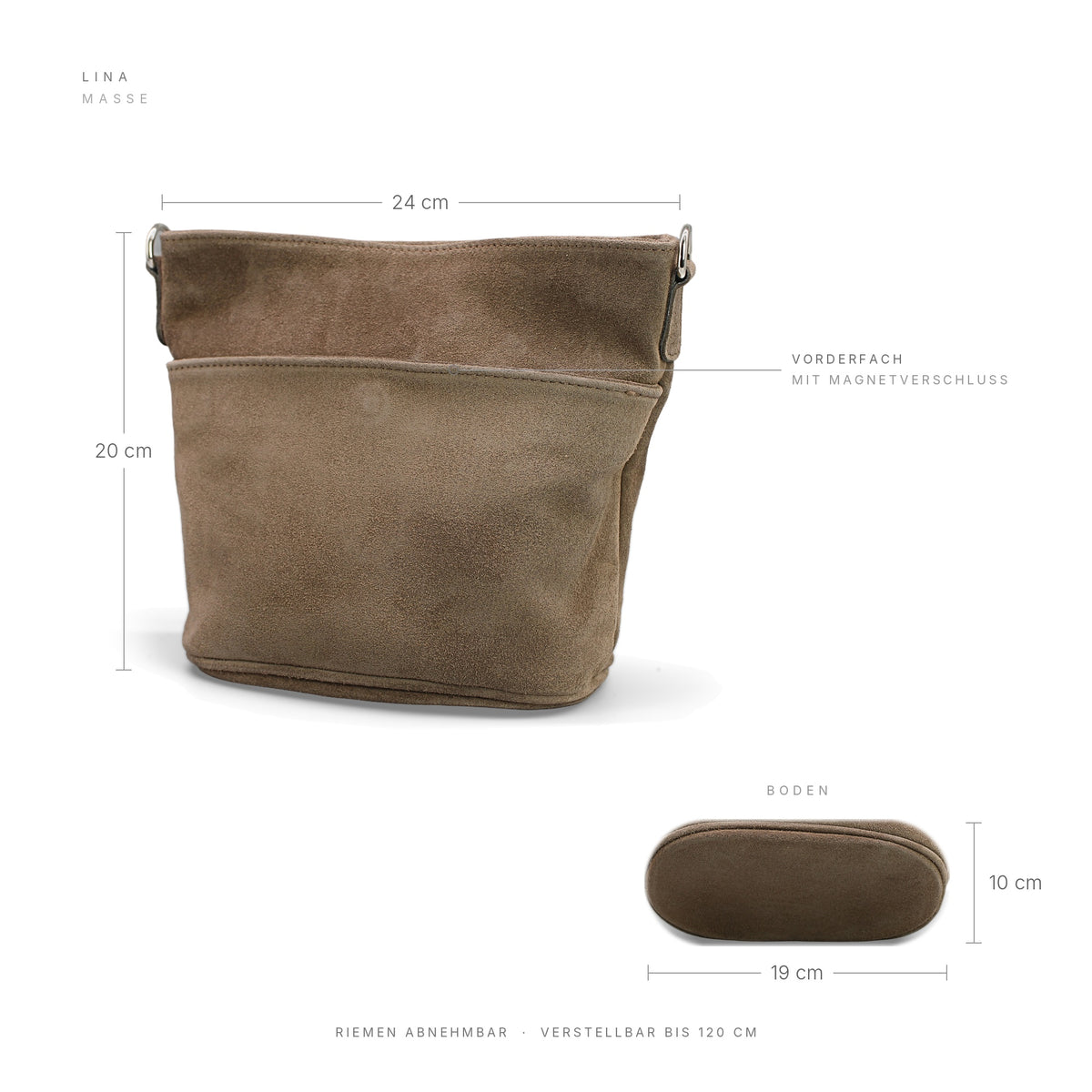 Adel Bags Lina Umhängetasche Wildleder Taupe – Maße 24 × 20 × 10 cm