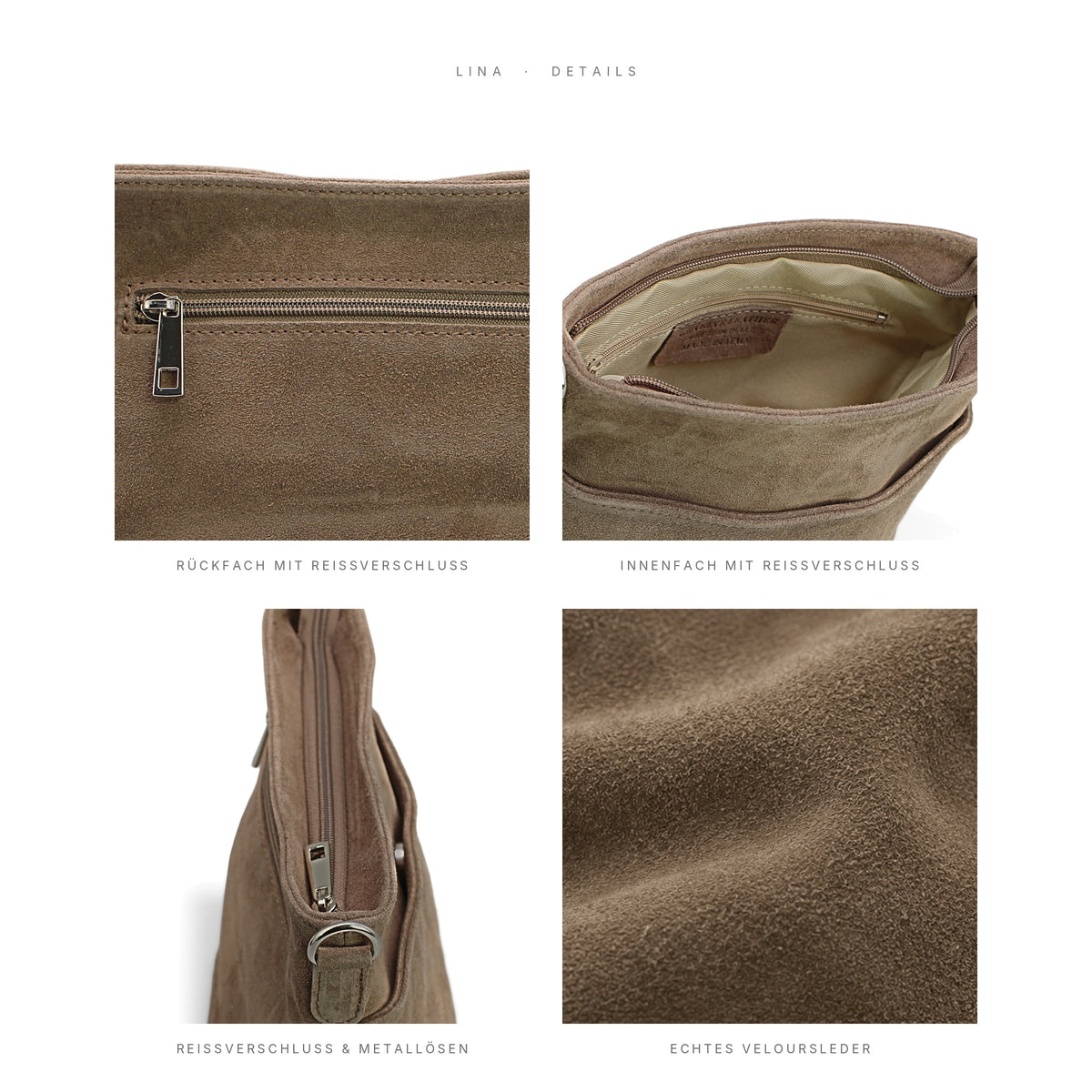 Adel Bags Lina Umhängetasche Wildleder Taupe – Details
