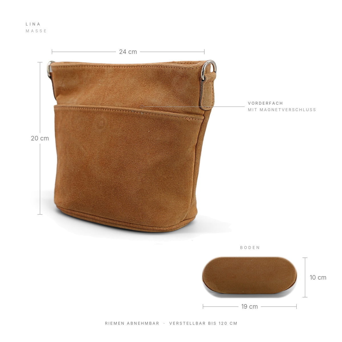 Adel Bags Lina Umhängetasche Wildleder Cognac – Maße 24 × 20 × 10 cm