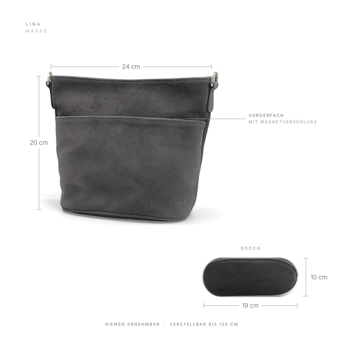 Adel Bags Lina Umhängetasche Wildleder Grau – Maße 24 × 20 × 10 cm